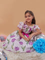 Girl's Floral Printed Cold-Shoulder Bow Fit Flare Midi Dress White Color Light wear in Summer Trendy Style (d-tulip)