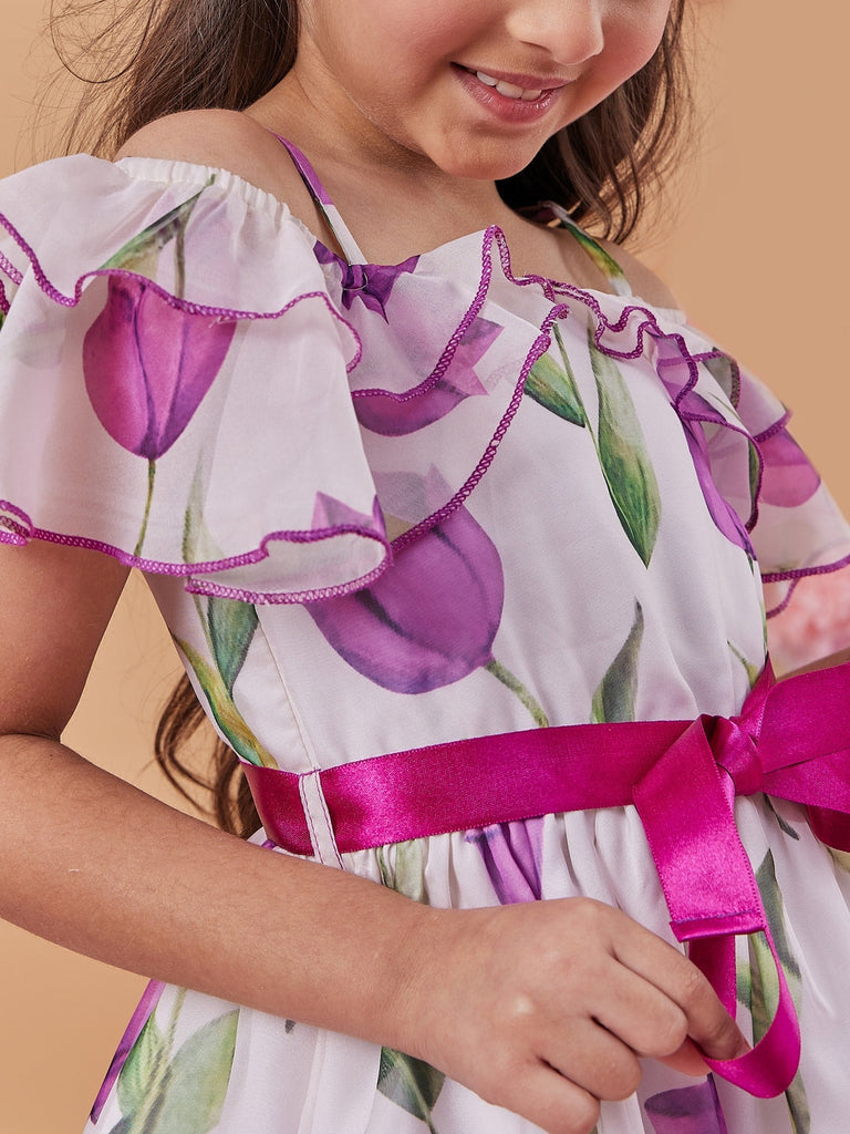 Girl's Floral Printed Cold-Shoulder Bow Fit Flare Midi Dress White Color Light wear in Summer Trendy Style (d-tulip)