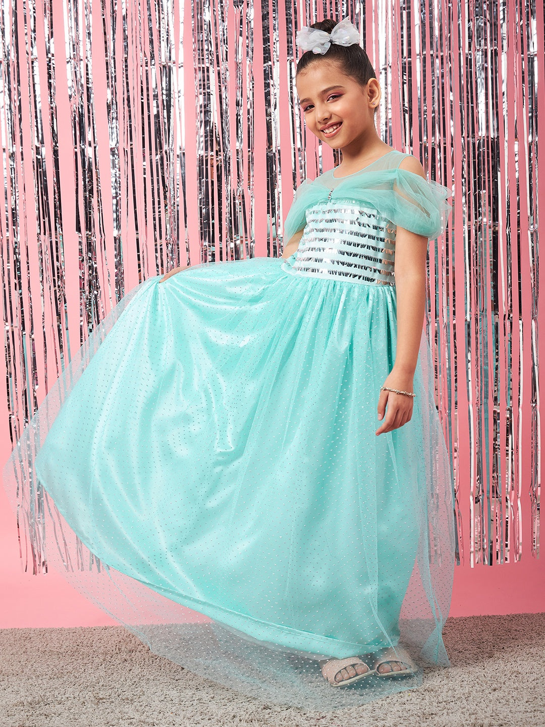 Girls Blue embellished maxi dress Round Neck Cold-Shoulder Gathered Party Wear Dress (d-turqdew)