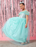 Girls Blue embellished maxi dress Round Neck Cold-Shoulder Gathered Party Wear Dress (d-turqdew)