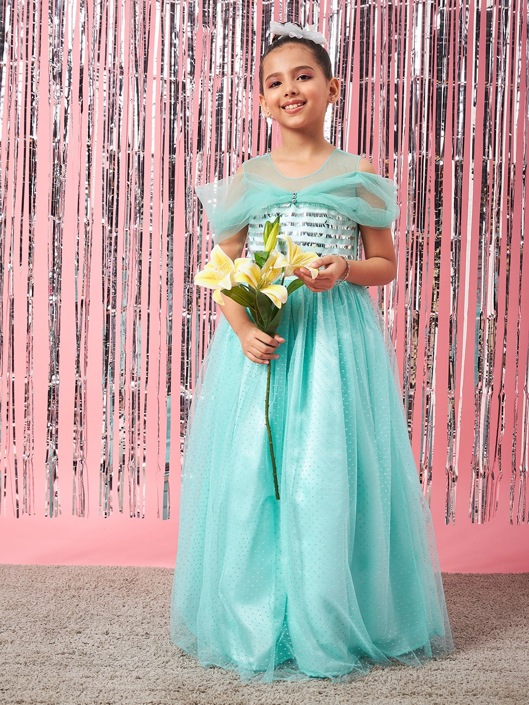 Girls Blue embellished maxi dress Round Neck Cold-Shoulder Gathered Party Wear Dress (d-turqdew)