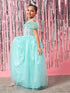 Girls Blue embellished maxi dress Round Neck Cold-Shoulder Gathered Party Wear Dress (d-turqdew)