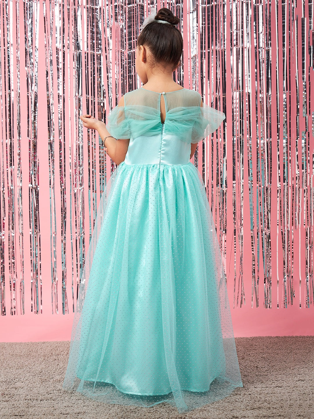 Girls Blue embellished maxi dress Round Neck Cold-Shoulder Gathered Party Wear Dress (d-turqdew)