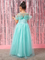 Girls Blue embellished maxi dress Round Neck Cold-Shoulder Gathered Party Wear Dress (d-turqdew)