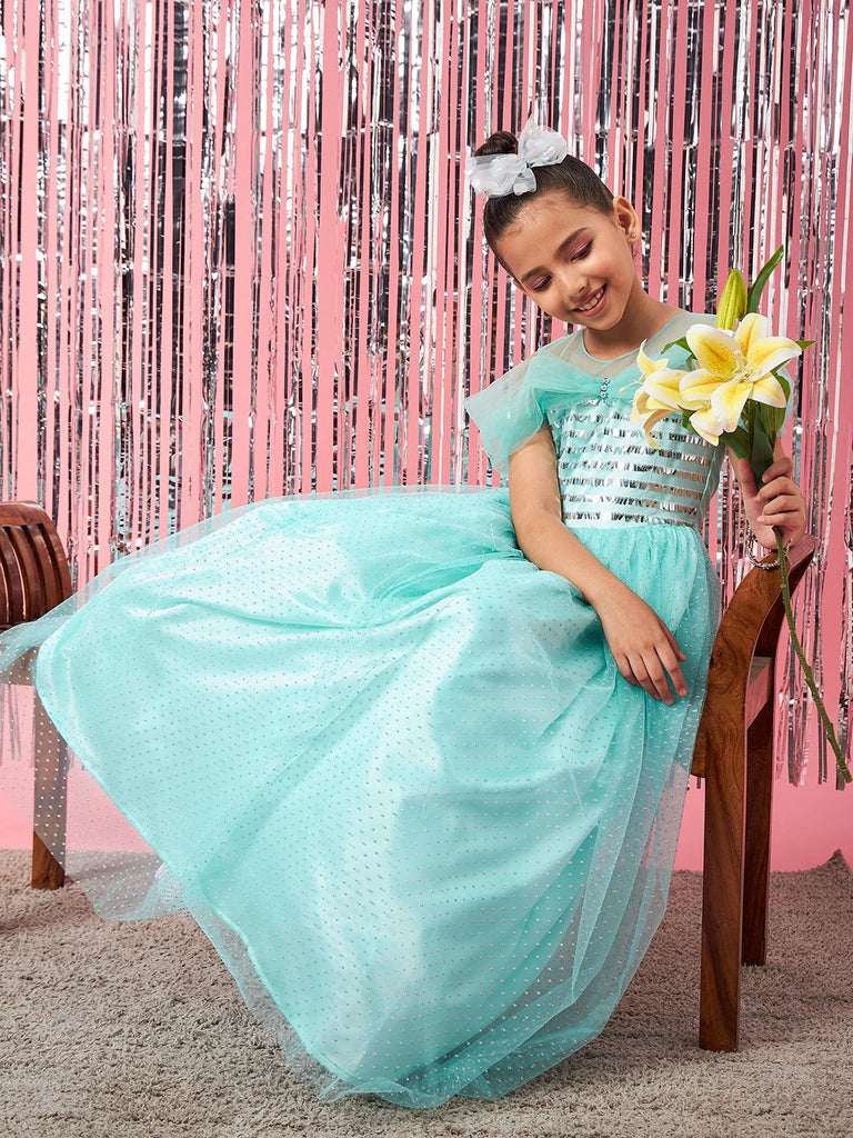 Girls Blue embellished maxi dress Round Neck Cold-Shoulder Gathered Party Wear Dress (d-turqdew)