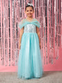 Girls Blue embellished maxi dress Round Neck Cold-Shoulder Gathered Party Wear Dress (d-turqdew)