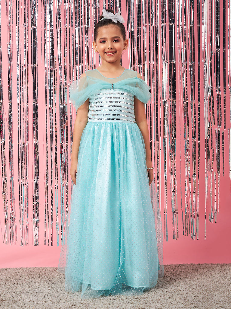 Girls Blue embellished maxi dress Round Neck Cold-Shoulder Gathered Party Wear Dress (d-turqdew)