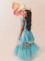 Girls Turquoise Blue Net Party Maxi Length Round neck cap sleeves Party Dress (D-TURQSEQ)