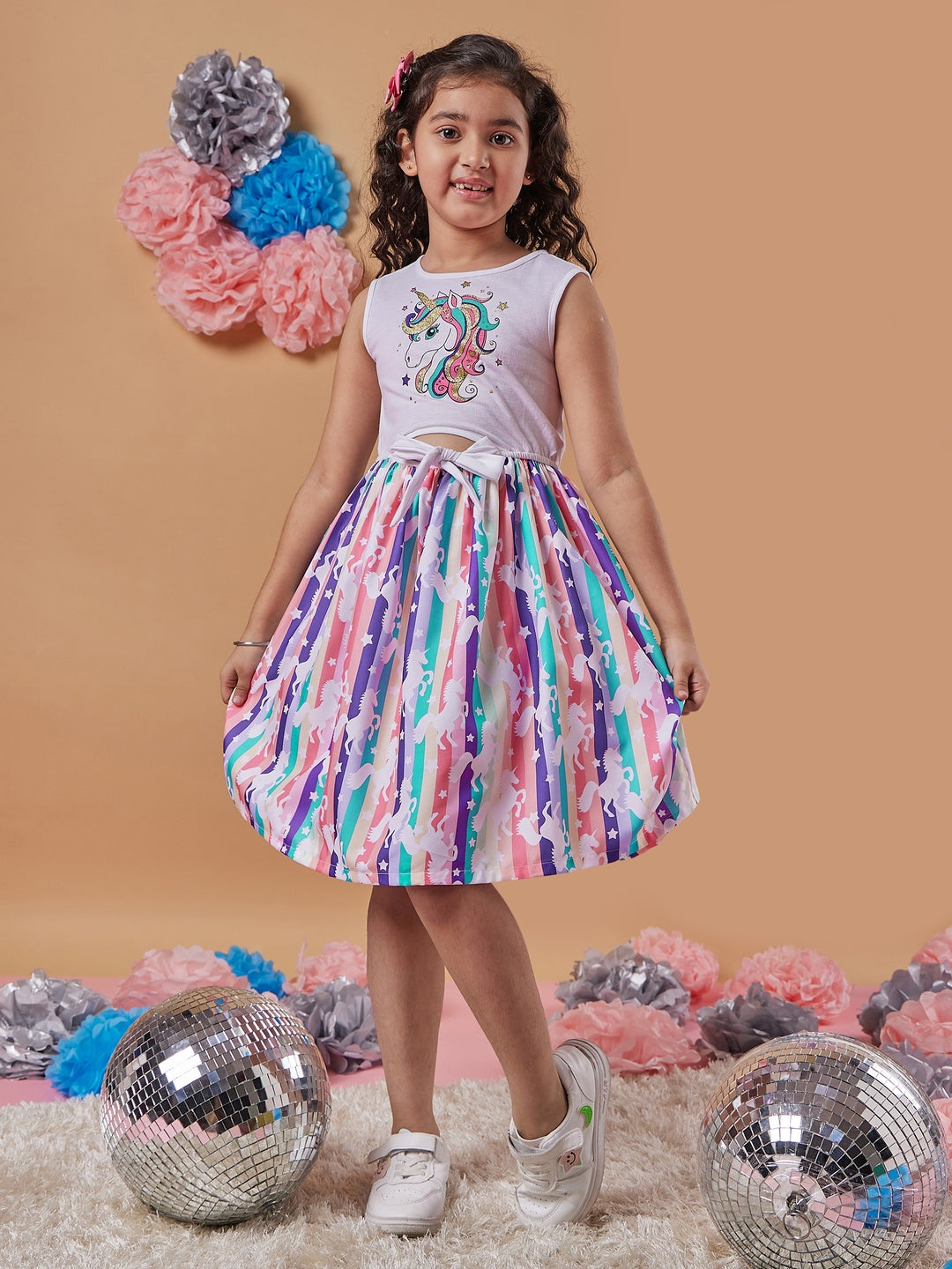 Girl's Graphic Printed Fit & Flare Dress Trendy and Expressive Fashion Perfect for Everday Wear (d-unistripe)