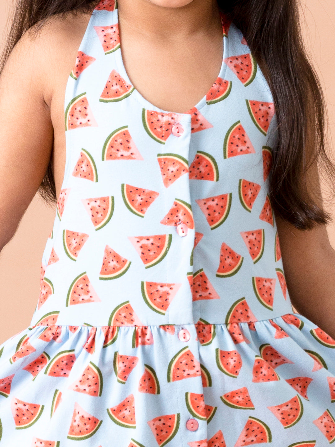 Girl's Blue and red conversational print fit & flare dress Halter neck Sleeveless Casual wear Dress (d-watermelon)