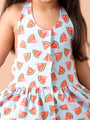 Girl's Blue and red conversational print fit & flare dress Halter neck Sleeveless Casual wear Dress (d-watermelon)