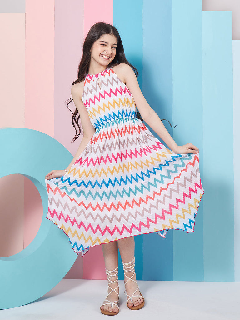 Stylish Girl's Geometric Printed Fit Flare Midi Dress White Color Trendy Outfit Fashionable Kids' Dress (d-whitechev)