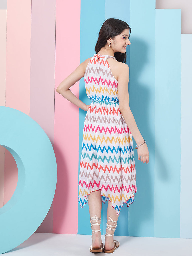 Stylish Girl's Geometric Printed Fit Flare Midi Dress White Color Trendy Outfit Fashionable Kids' Dress (d-whitechev)