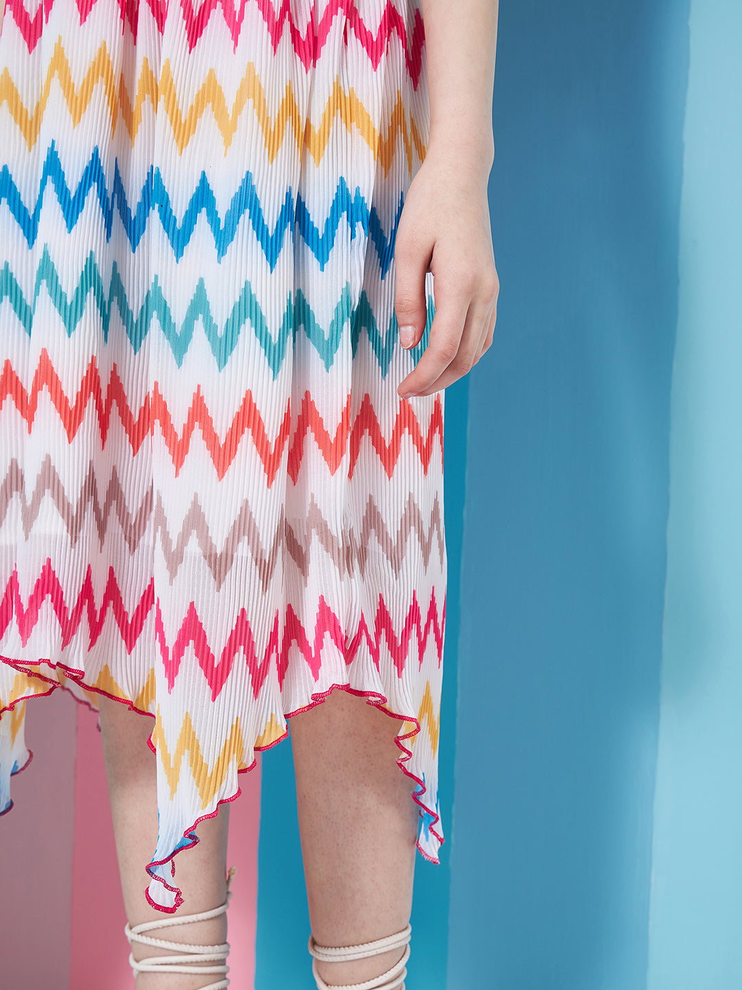 Stylish Girl's Geometric Printed Fit Flare Midi Dress White Color Trendy Outfit Fashionable Kids' Dress (d-whitechev)