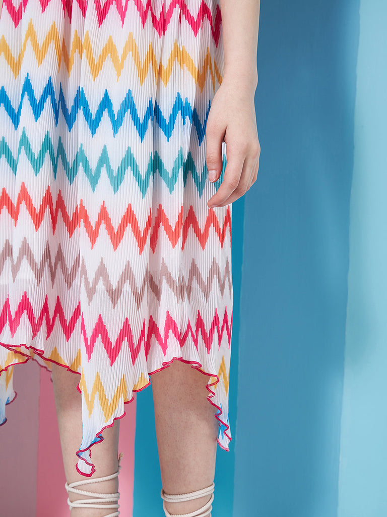 Stylish Girl's Geometric Printed Fit Flare Midi Dress White Color Trendy Outfit Fashionable Kids' Dress (d-whitechev)