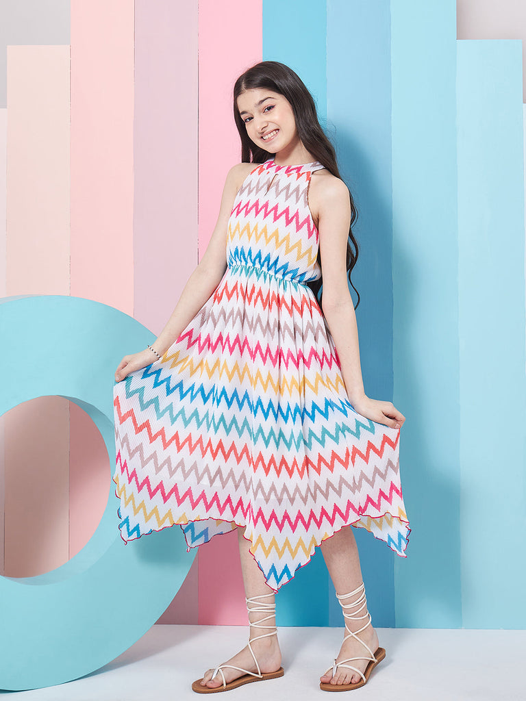 Stylish Girl's Geometric Printed Fit Flare Midi Dress White Color Trendy Outfit Fashionable Kids' Dress (d-whitechev)