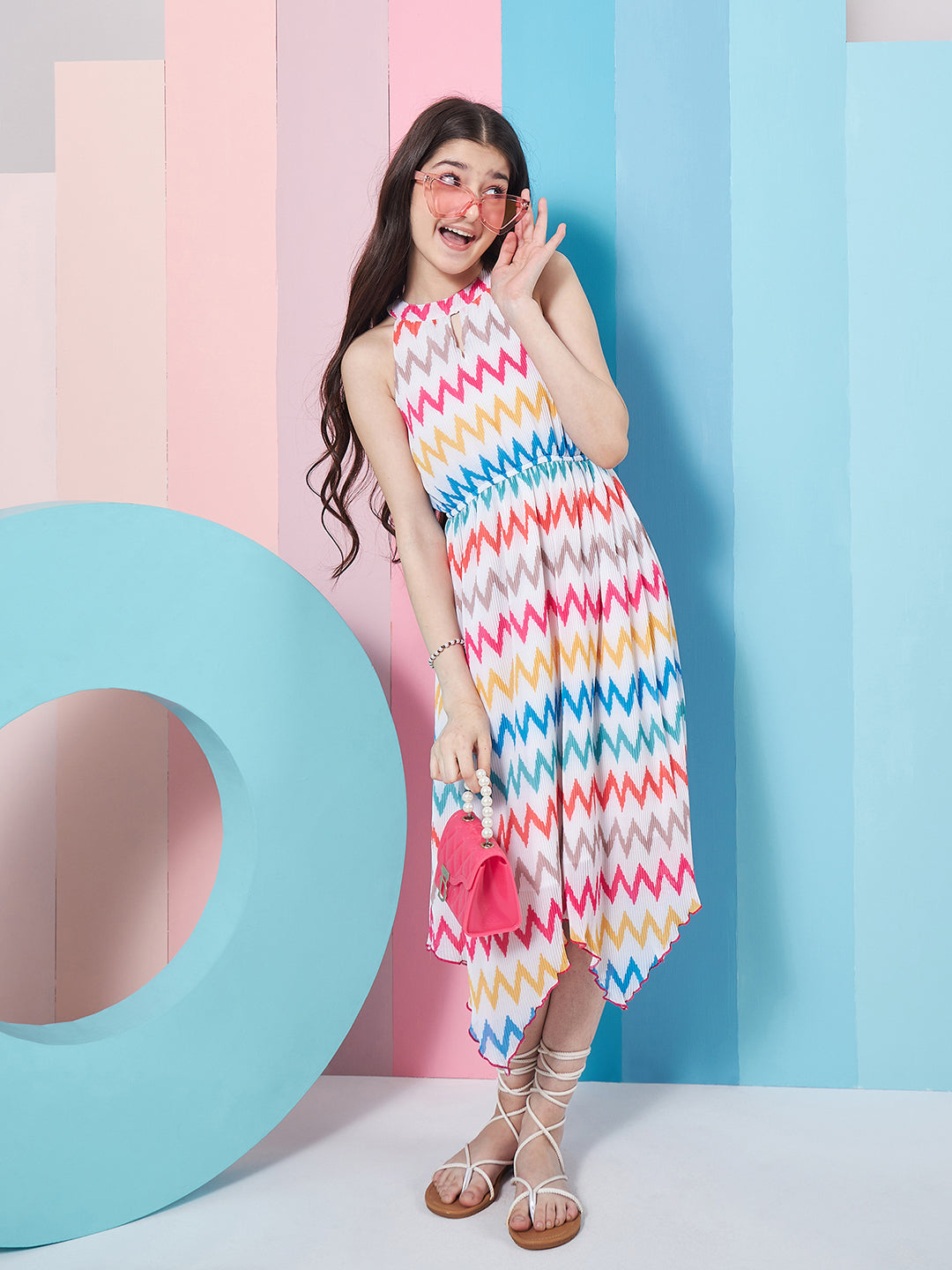 Stylish Girl's Geometric Printed Fit Flare Midi Dress White Color Trendy Outfit Fashionable Kids' Dress (d-whitechev)