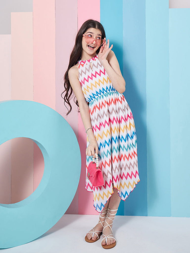 Stylish Girl's Geometric Printed Fit Flare Midi Dress White Color Trendy Outfit Fashionable Kids' Dress (d-whitechev)