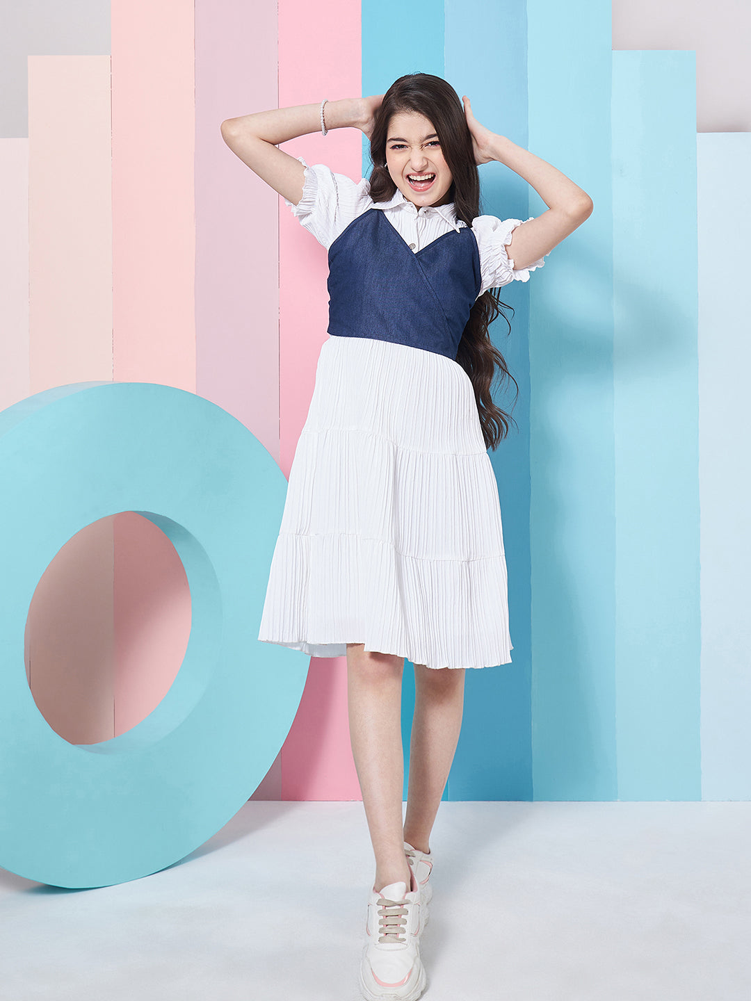 Girl's Puff Sleeves Fit Flare Dress White Color Effortless Perfect for Every Occasion (d-whitedenim)