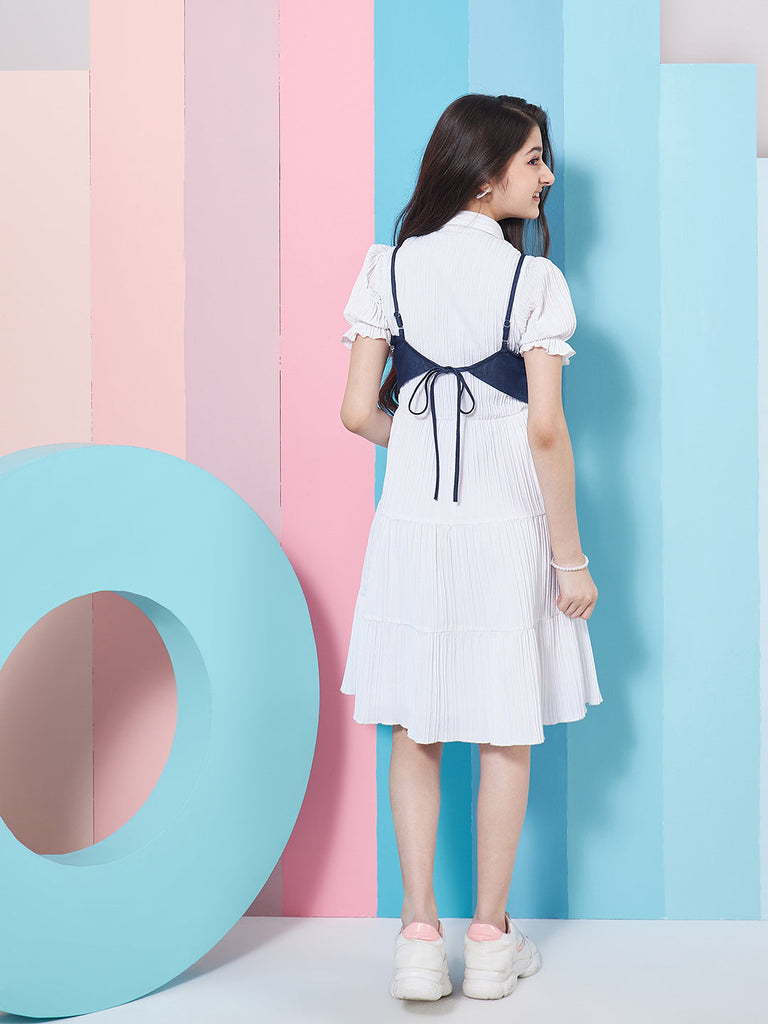 Girl's Puff Sleeves Fit Flare Dress White Color Effortless Perfect for Every Occasion (d-whitedenim)