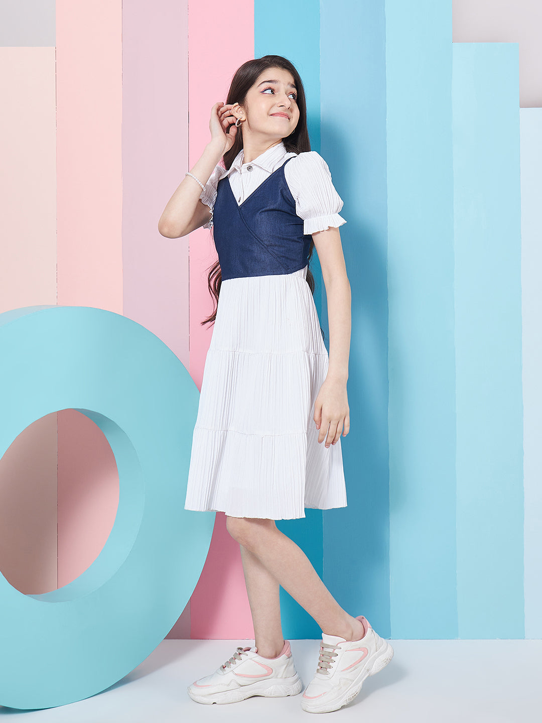 Girl's Puff Sleeves Fit Flare Dress White Color Effortless Perfect for Every Occasion (d-whitedenim)