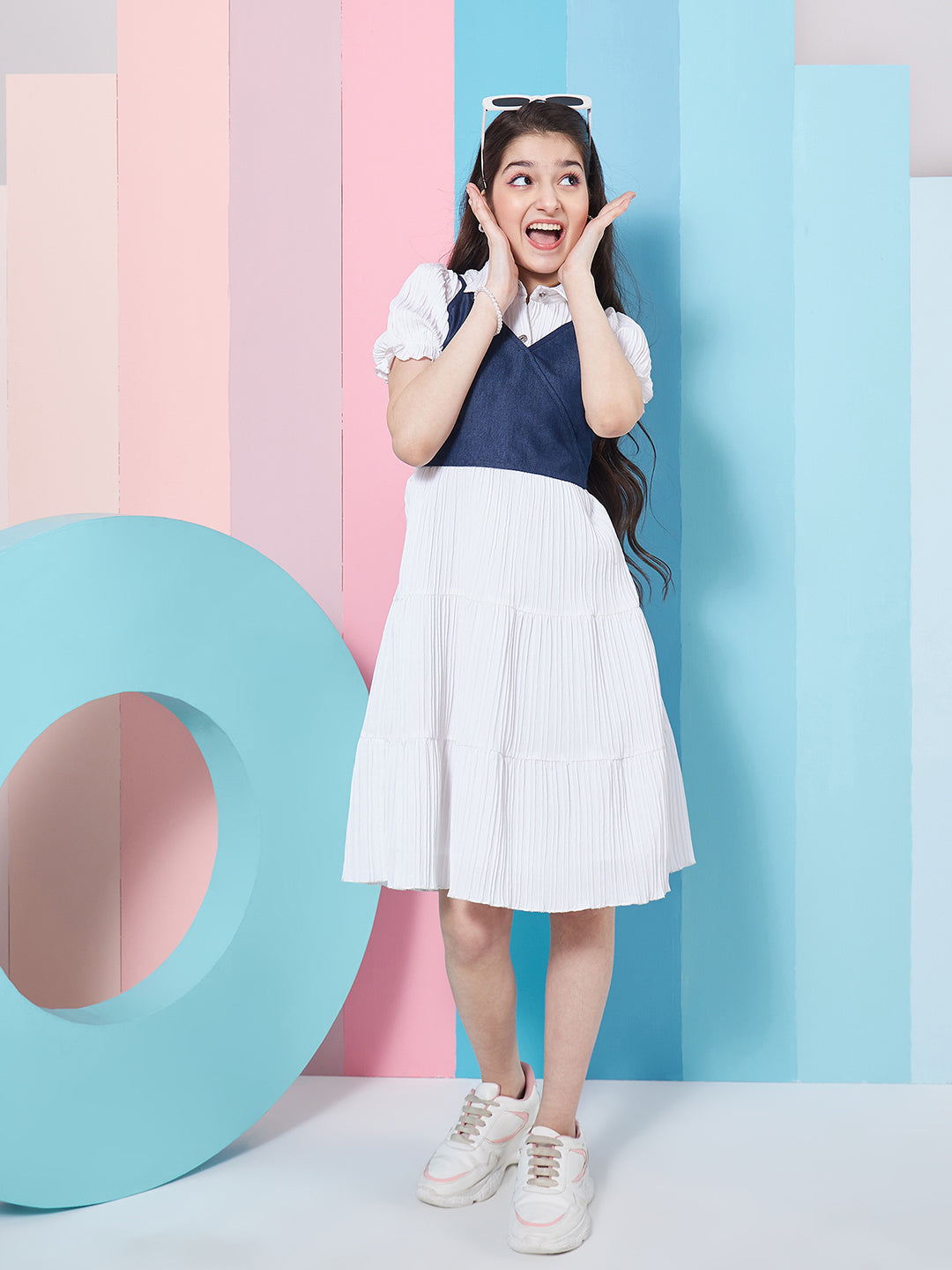 Girl's Puff Sleeves Fit Flare Dress White Color Effortless Perfect for Every Occasion (d-whitedenim)