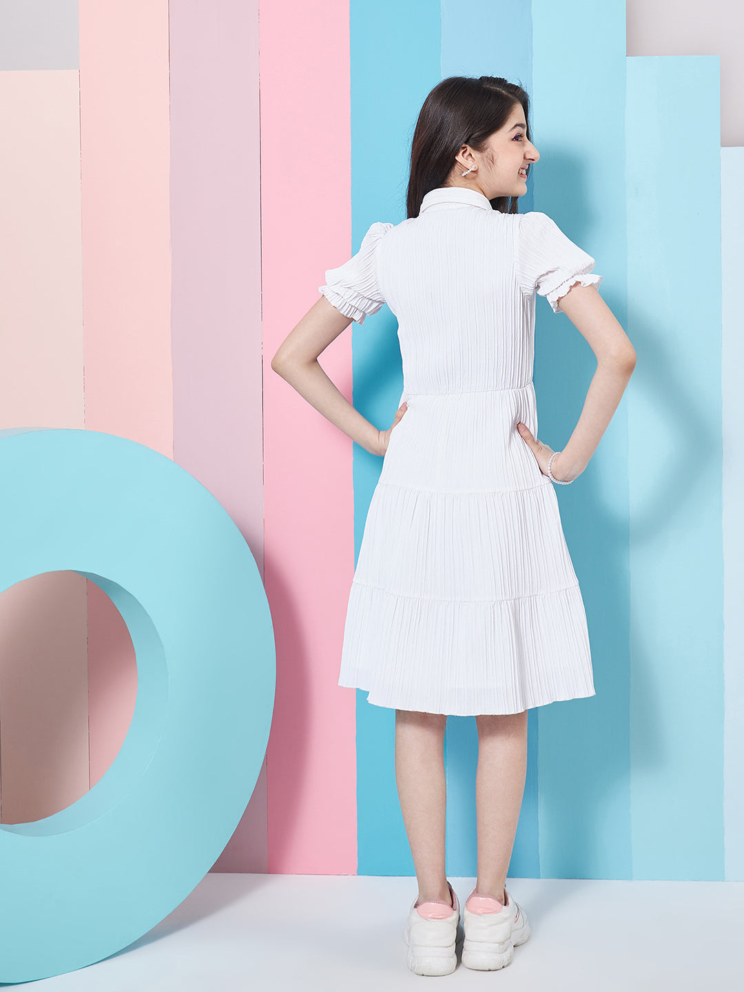 Girl's Puff Sleeves Fit Flare Dress White Color Effortless Perfect for Every Occasion (d-whitedenim)