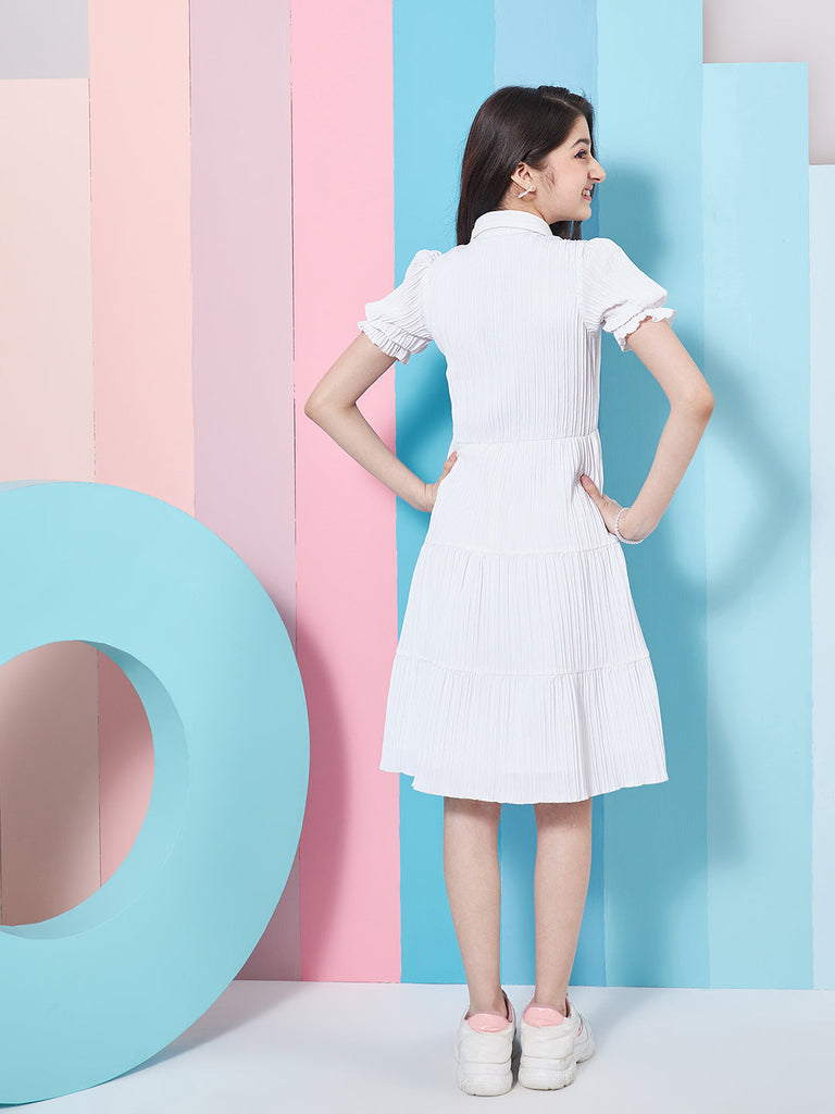 Girl's Puff Sleeves Fit Flare Dress White Color Effortless Perfect for Every Occasion (d-whitedenim)