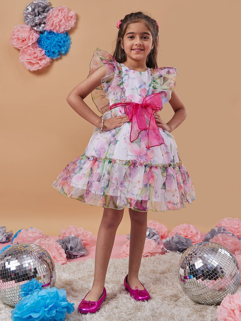 Girl's Floral Printed Flutter Sleeve Gathered Fit Flare White Dress Comfortable Wear Stylish & Tendy (d-whiteleaf)