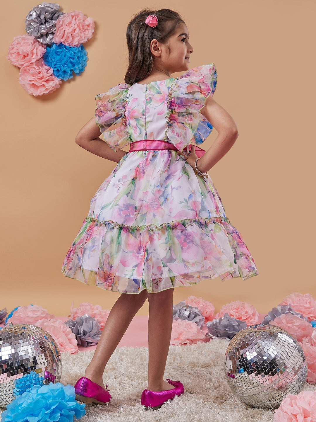 Girl's Floral Printed Flutter Sleeve Gathered Fit Flare White Dress Comfortable Wear Stylish & Tendy (d-whiteleaf)