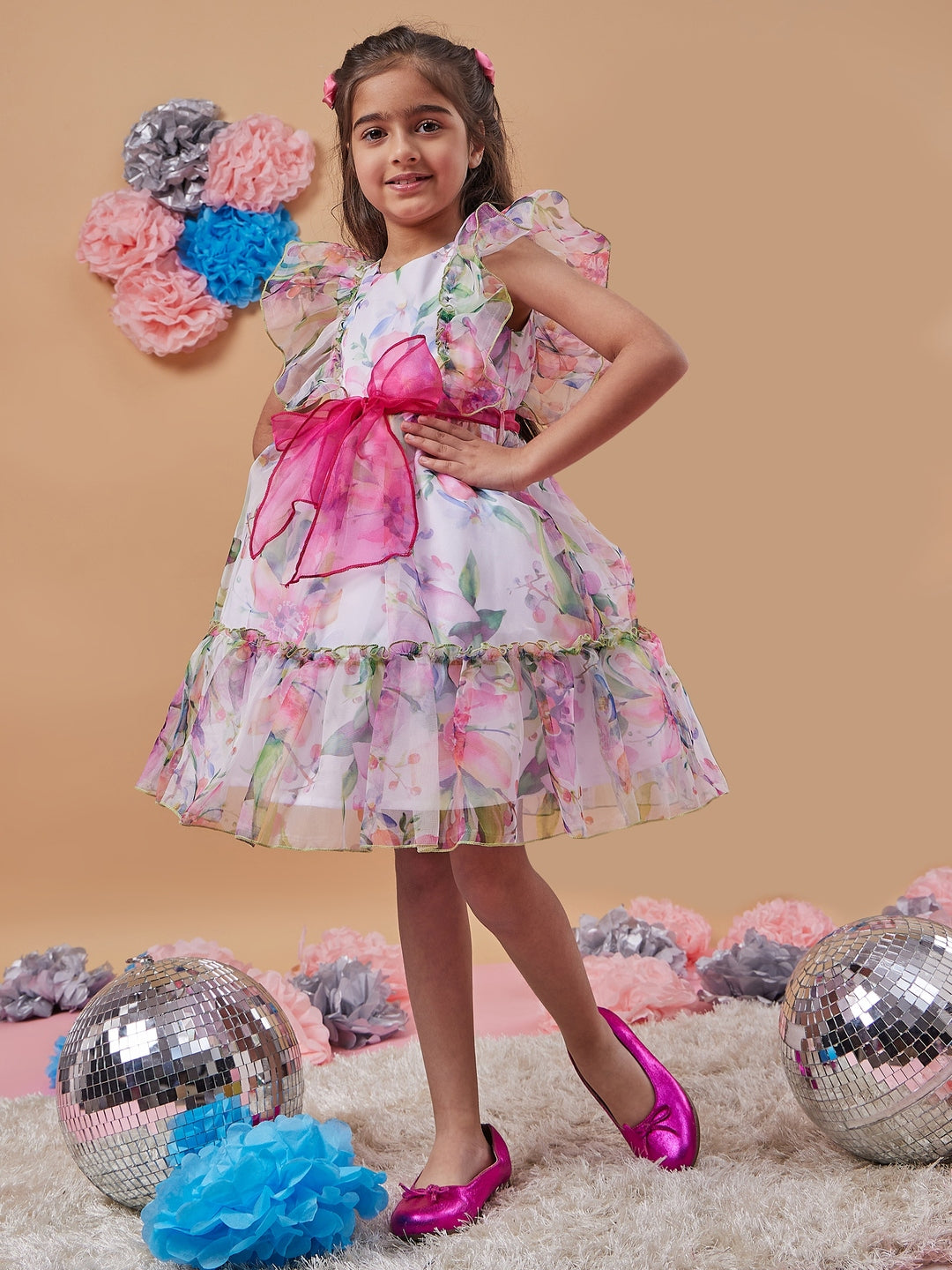 Girl's Floral Printed Flutter Sleeve Gathered Fit Flare White Dress Comfortable Wear Stylish & Tendy (d-whiteleaf)