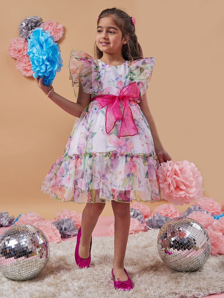 Girl's Floral Printed Flutter Sleeve Gathered Fit Flare White Dress Comfortable Wear Stylish & Tendy (d-whiteleaf)