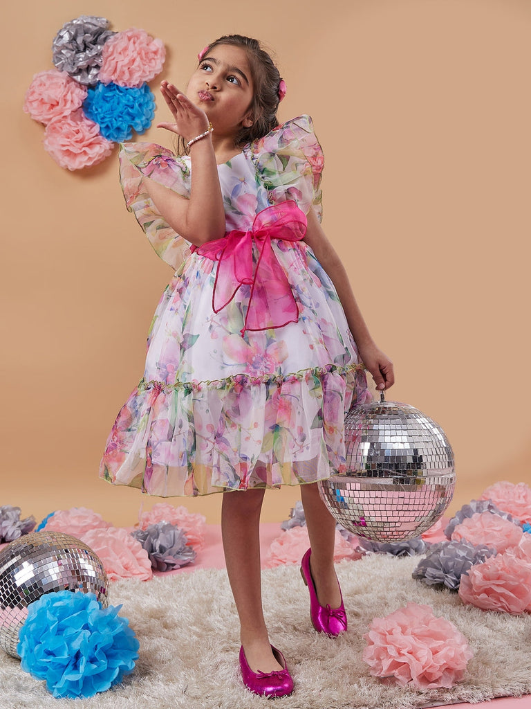 Girl's Floral Printed Flutter Sleeve Gathered Fit Flare White Dress Comfortable Wear Stylish & Tendy (d-whiteleaf)