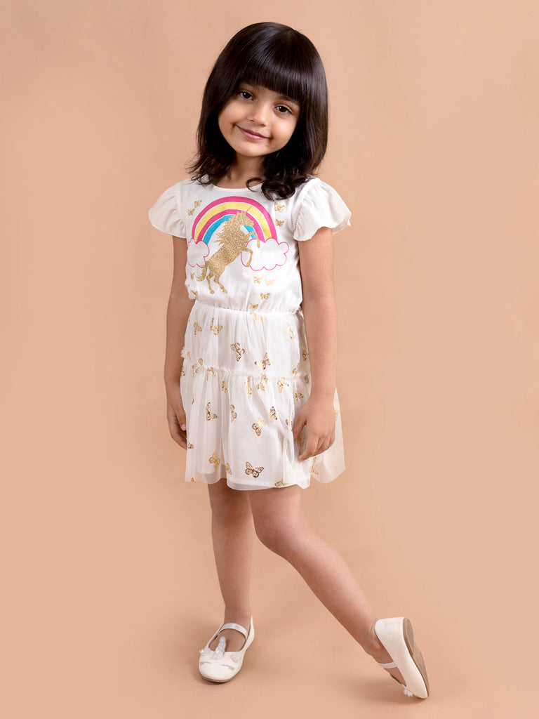 Pspeaches Girls White Unicorn Printed Fit Flare Net Dress (D-WHITE RAINBOW)