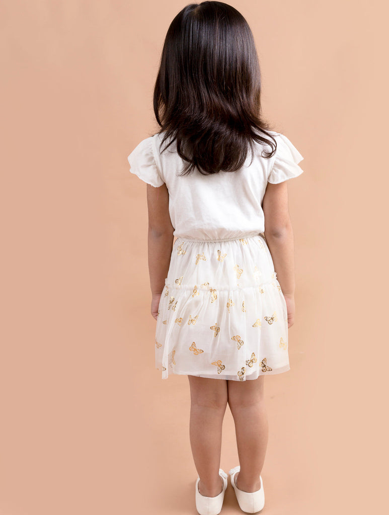 Pspeaches Girls White Unicorn Printed Fit Flare Net Dress (D-WHITE RAINBOW)