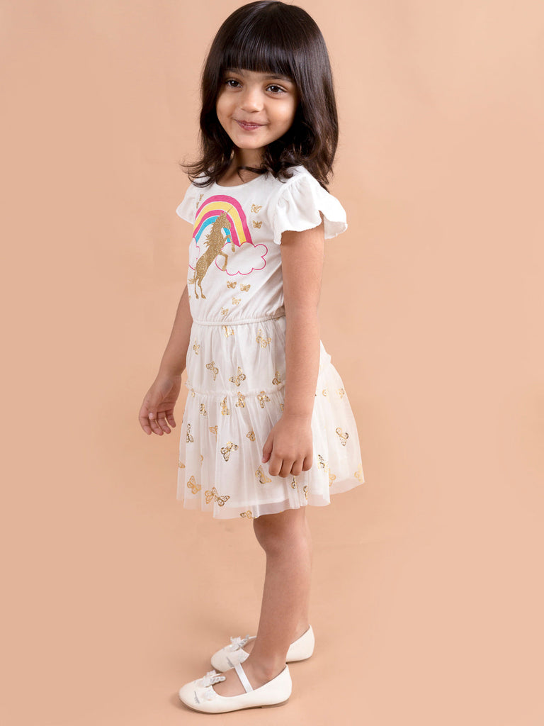 Pspeaches Girls White Unicorn Printed Fit Flare Net Dress (D-WHITE RAINBOW)