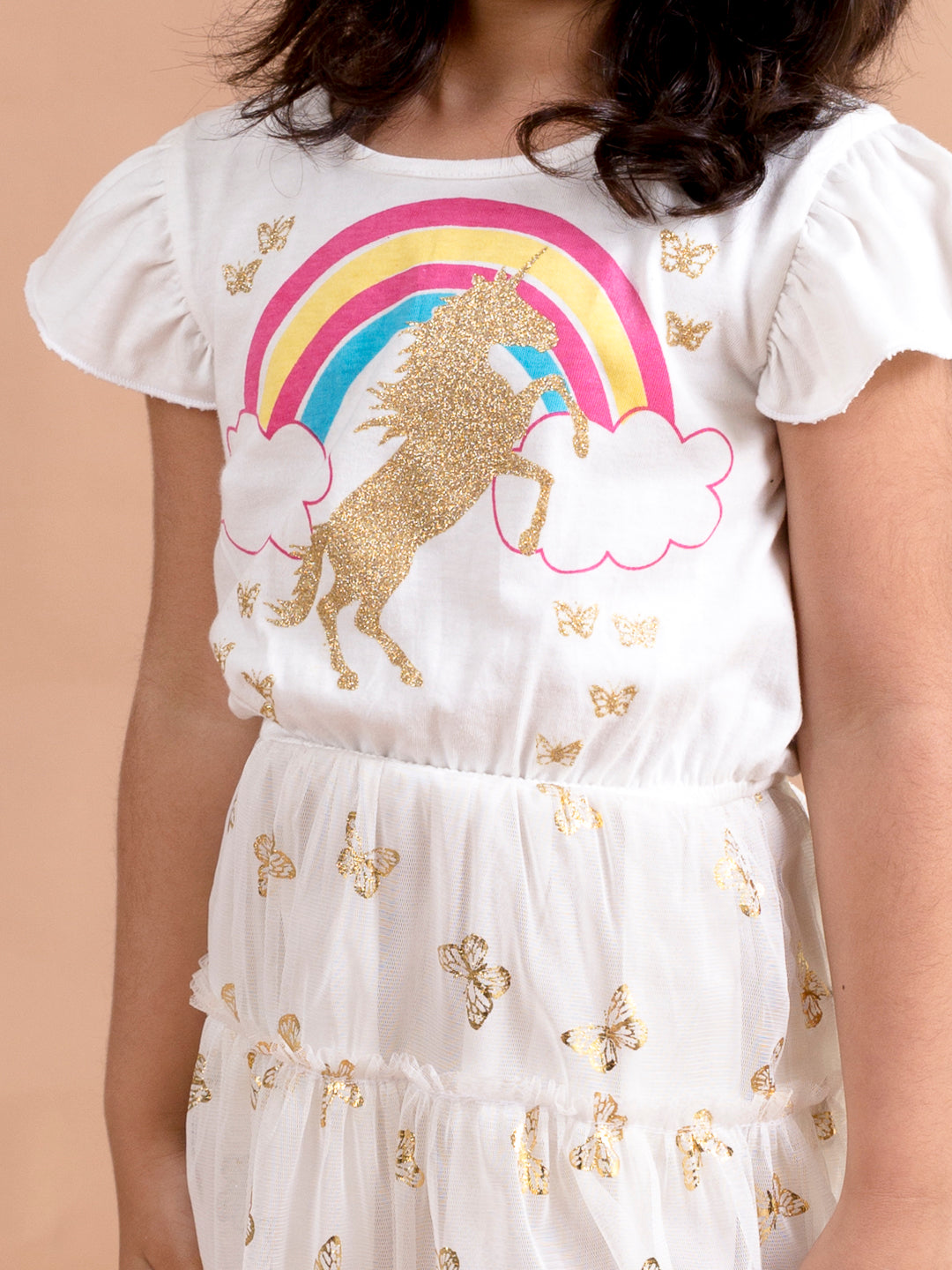 Pspeaches Girls White Unicorn Printed Fit Flare Net Dress (D-WHITE RAINBOW)