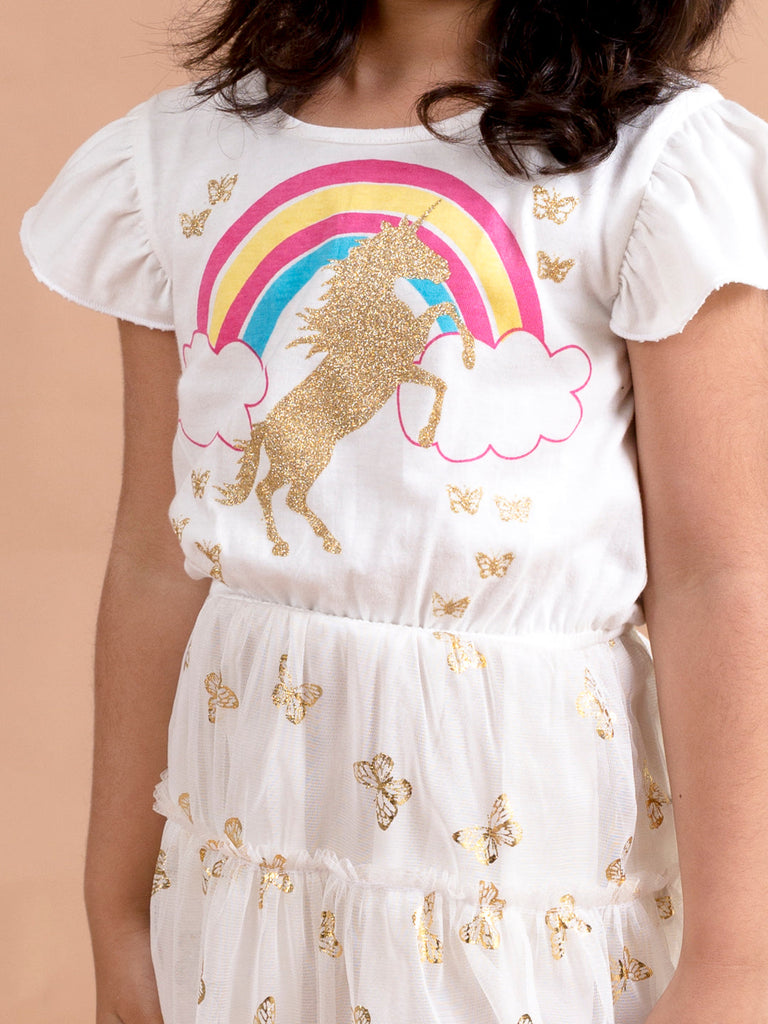 Pspeaches Girls White Unicorn Printed Fit Flare Net Dress (D-WHITE RAINBOW)