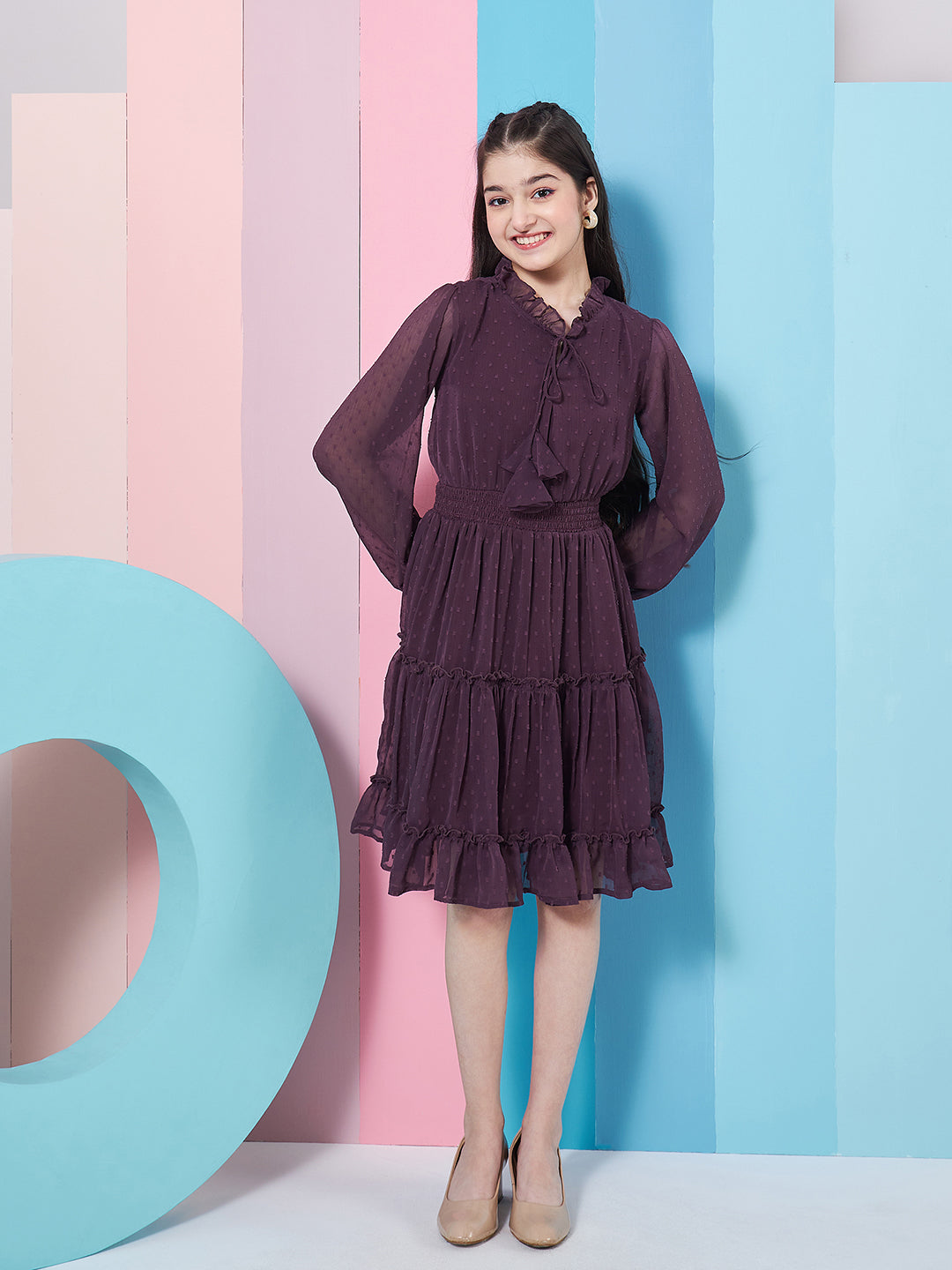 Girl's V-Neck Long Sleeves Chiffon Fit & Flare Dress Purple Color Stylish Choice for Every Occasion (d-winechif)