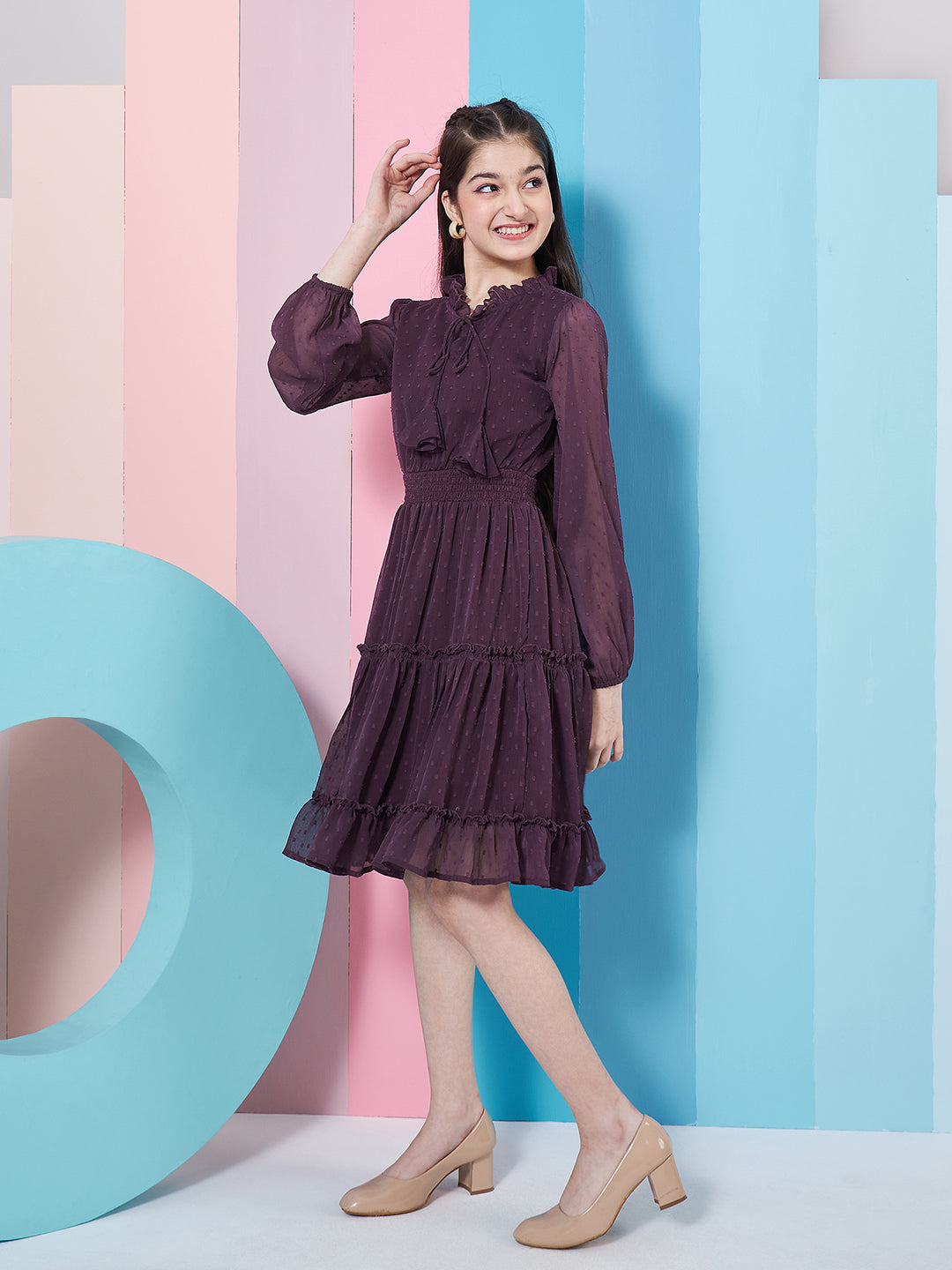 Girl's V-Neck Long Sleeves Chiffon Fit & Flare Dress Purple Color Stylish Choice for Every Occasion (d-winechif)