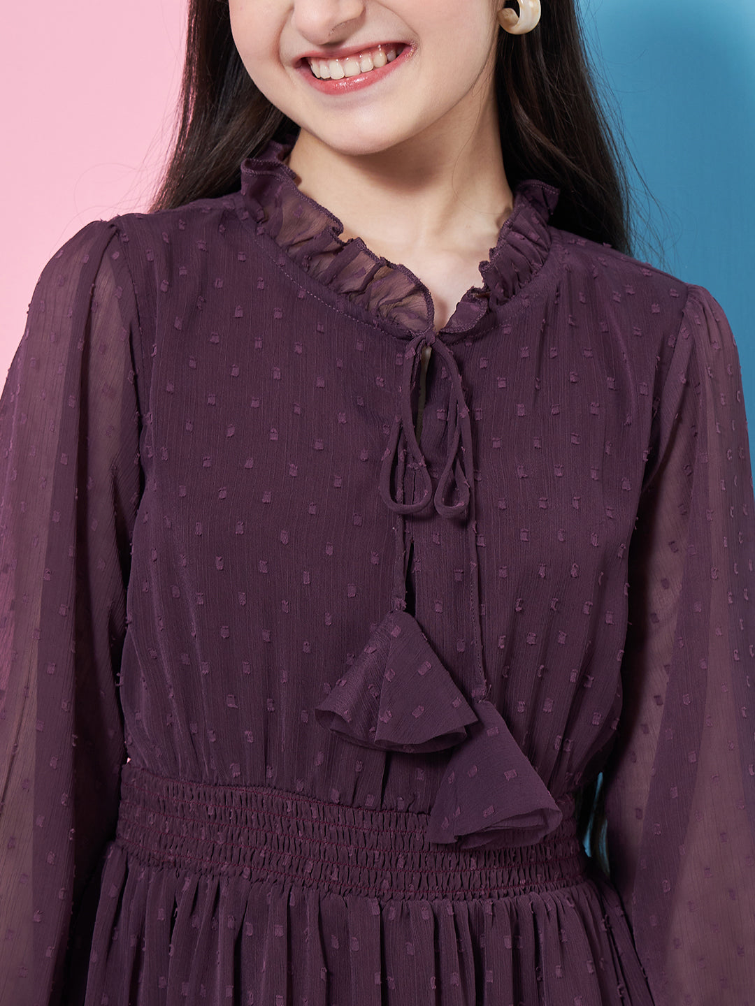 Girl's V-Neck Long Sleeves Chiffon Fit & Flare Dress Purple Color Stylish Choice for Every Occasion (d-winechif)