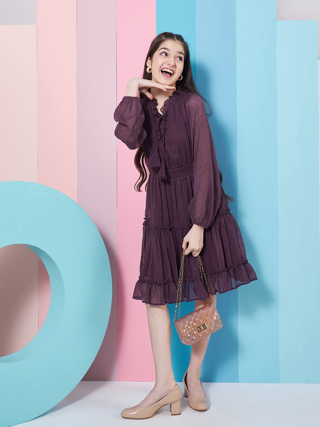 Girl's V-Neck Long Sleeves Chiffon Fit & Flare Dress Purple Color Stylish Choice for Every Occasion (d-winechif)