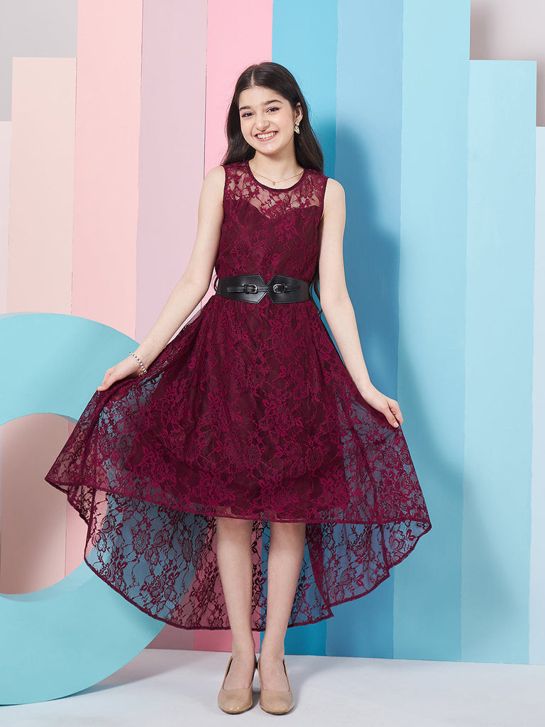 Girl's Round Neck Sleeveless Lace Fit Flare Maxi Purple Dress Fashionable & Trendy Wear (d-winelace)