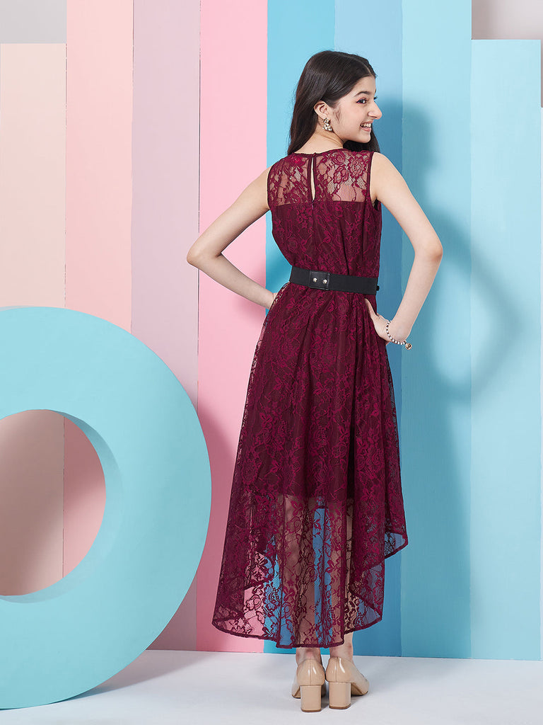 Girl's Round Neck Sleeveless Lace Fit Flare Maxi Purple Dress Fashionable & Trendy Wear (d-winelace)