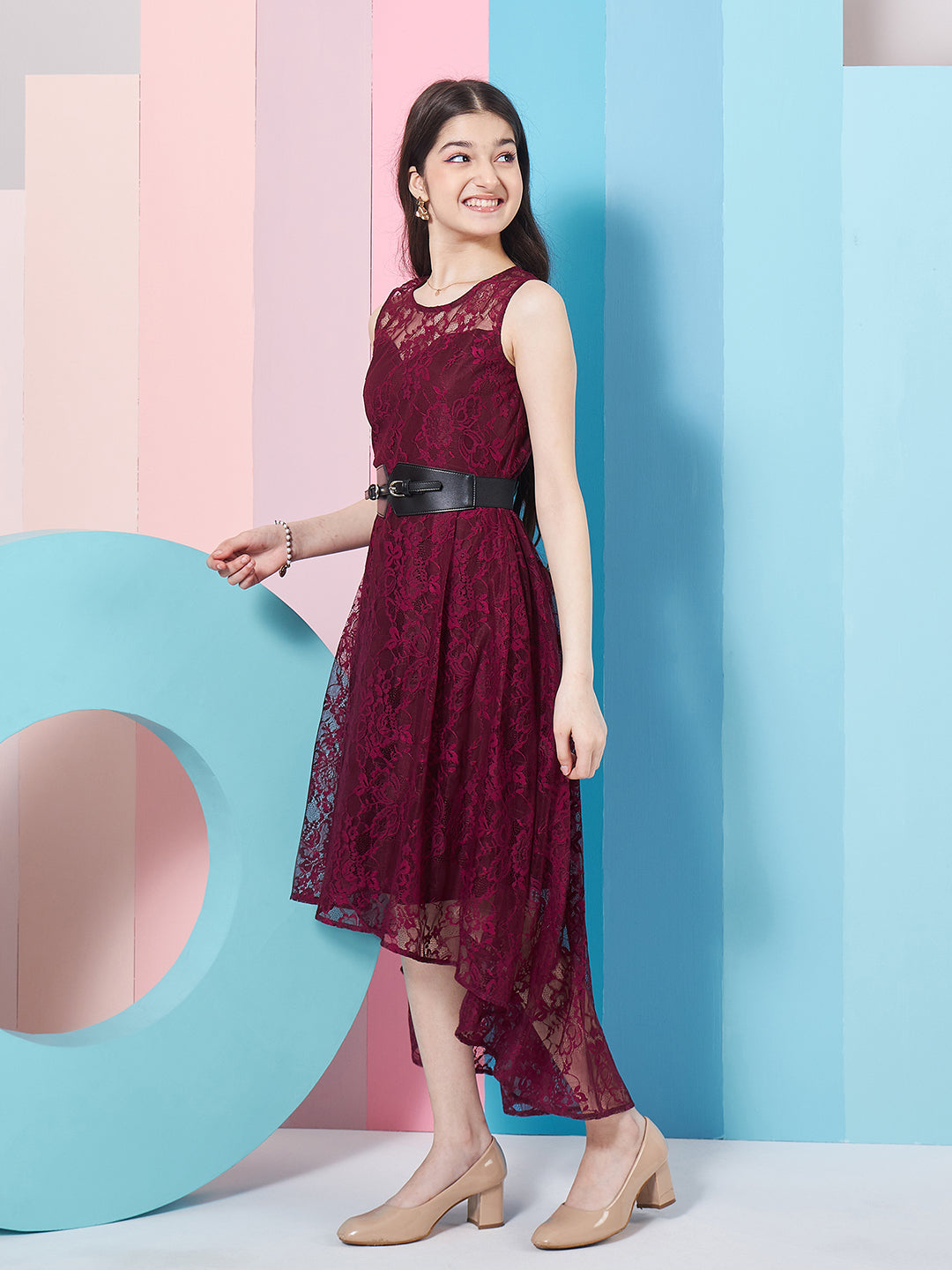 Girl's Round Neck Sleeveless Lace Fit Flare Maxi Purple Dress Fashionable & Trendy Wear (d-winelace)