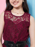 Girl's Round Neck Sleeveless Lace Fit Flare Maxi Purple Dress Fashionable & Trendy Wear (d-winelace)