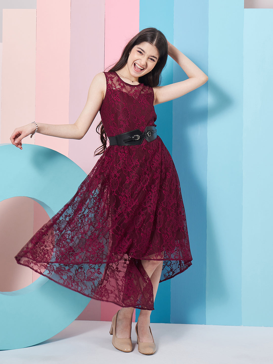 Girl's Round Neck Sleeveless Lace Fit Flare Maxi Purple Dress Fashionable & Trendy Wear (d-winelace)