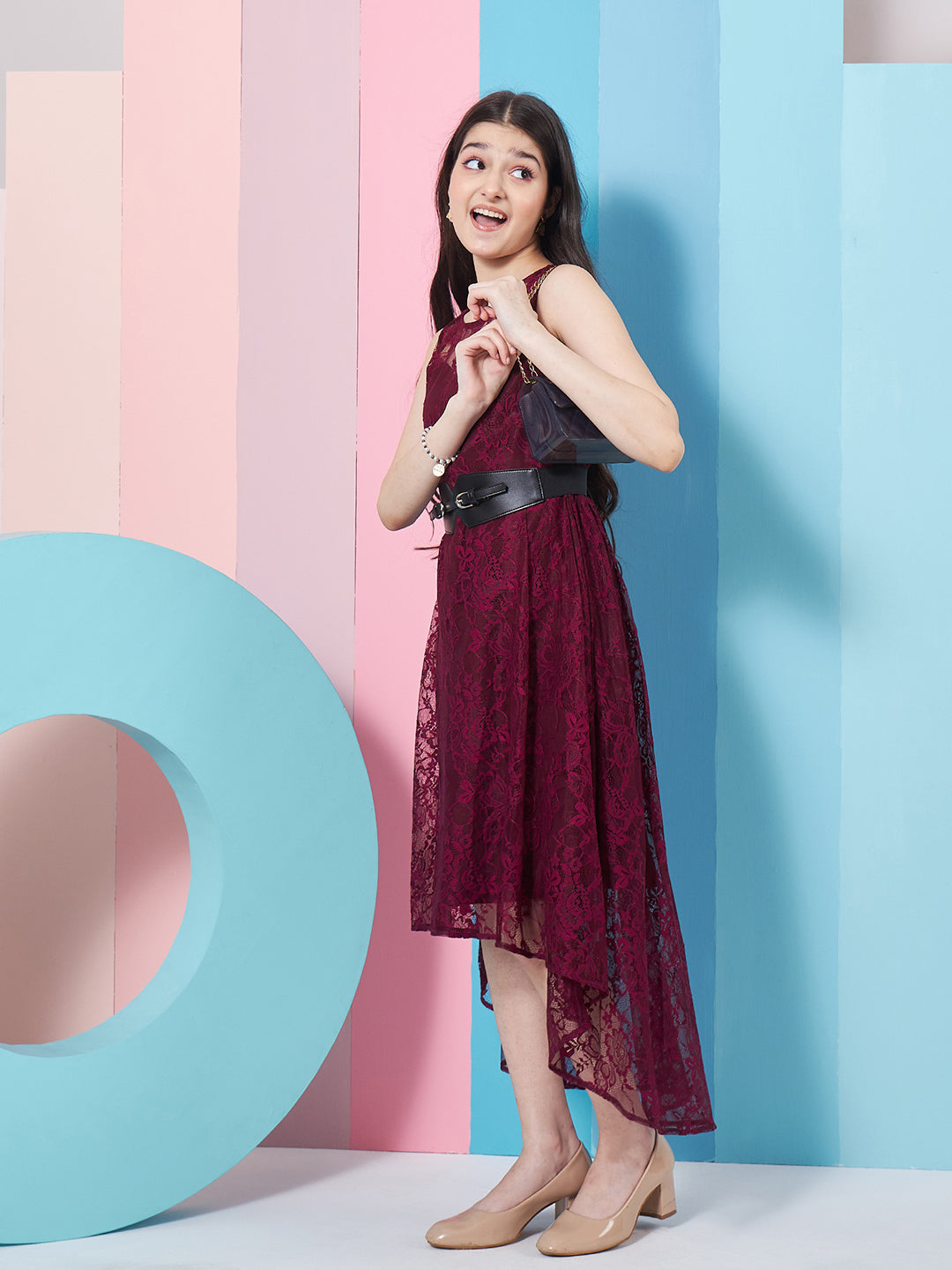 Girl's Round Neck Sleeveless Lace Fit Flare Maxi Purple Dress Fashionable & Trendy Wear (d-winelace)