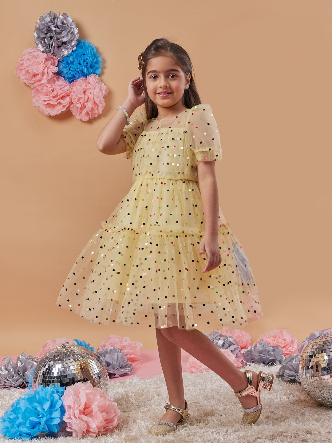 Girl's Embellished Puff Sleeves Fit Flare Dress Yellow Color Trendy Style for Any Occasion (d-yellowfoil)