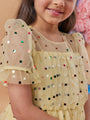 Girl's Embellished Puff Sleeves Fit Flare Dress Yellow Color Trendy Style for Any Occasion (d-yellowfoil)